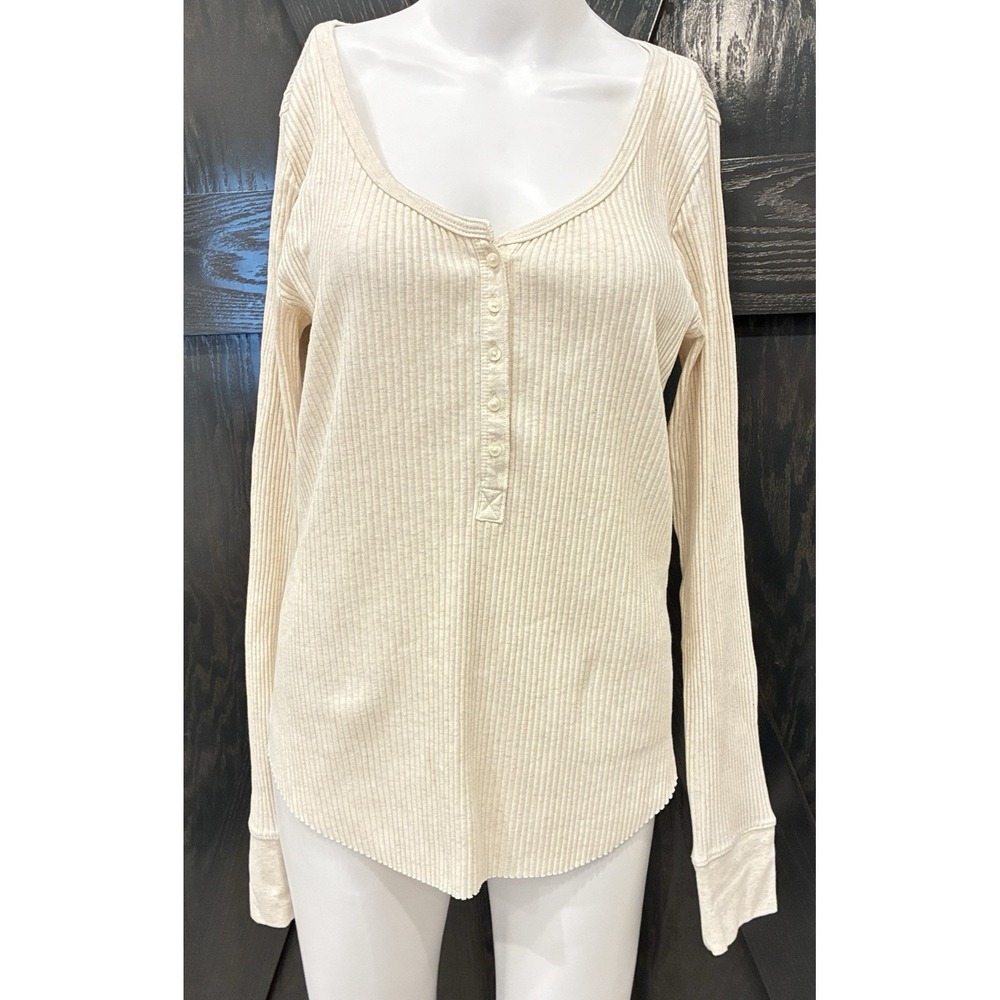 Aerie Womens Long Sleeve Ribbed Henley Top Size L Ivory Y2K 90s Preppy